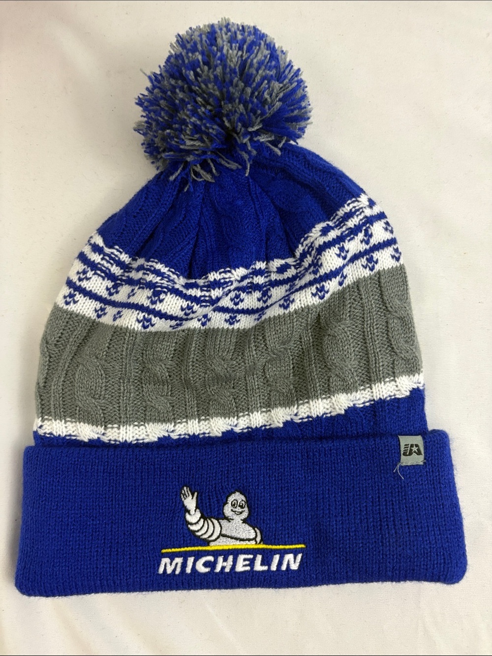 Michelin Man Tire Winter Beanie Hat Blue Gray One Size Pom